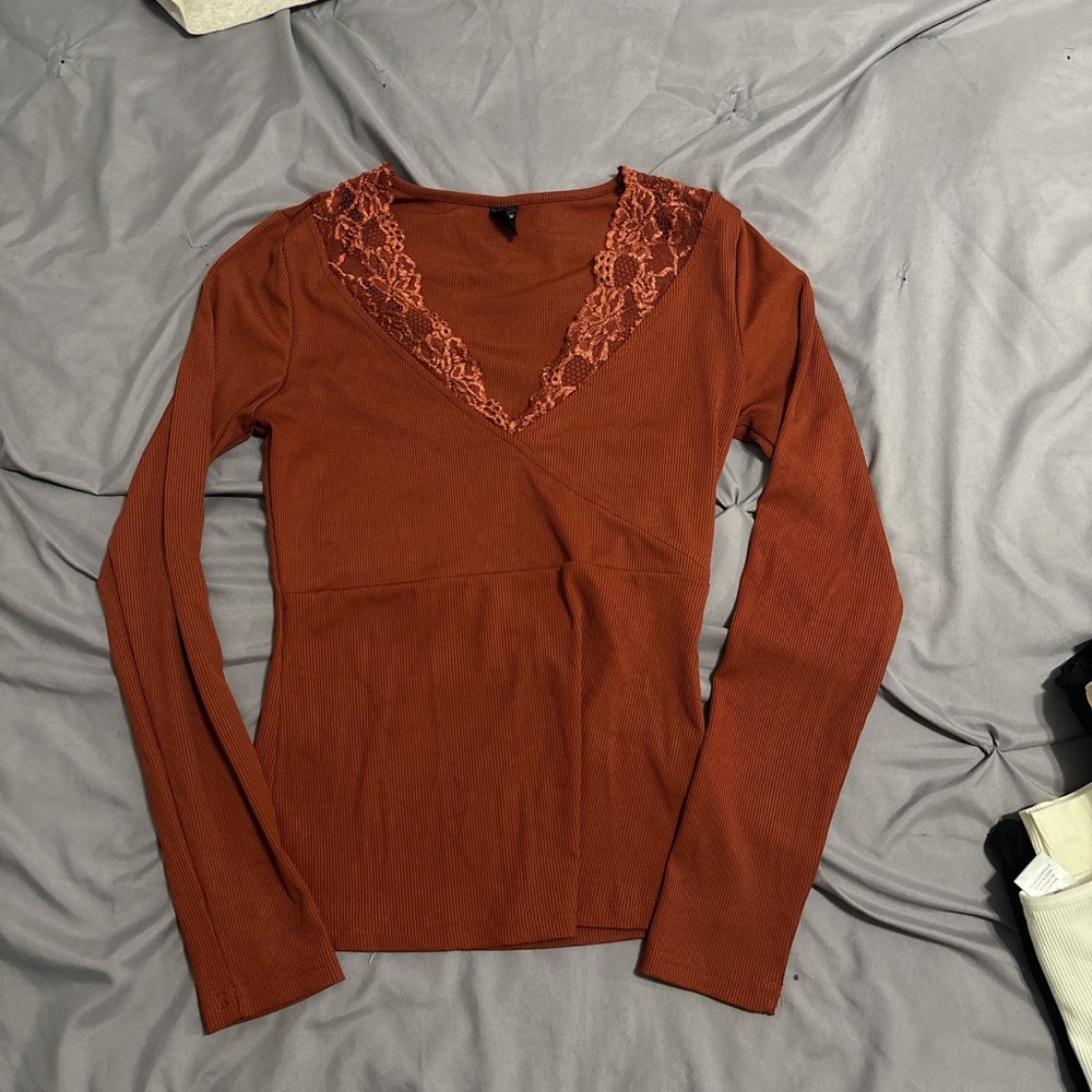 SHEIN Terracotta Lace V-Neck Long Sleeve Top